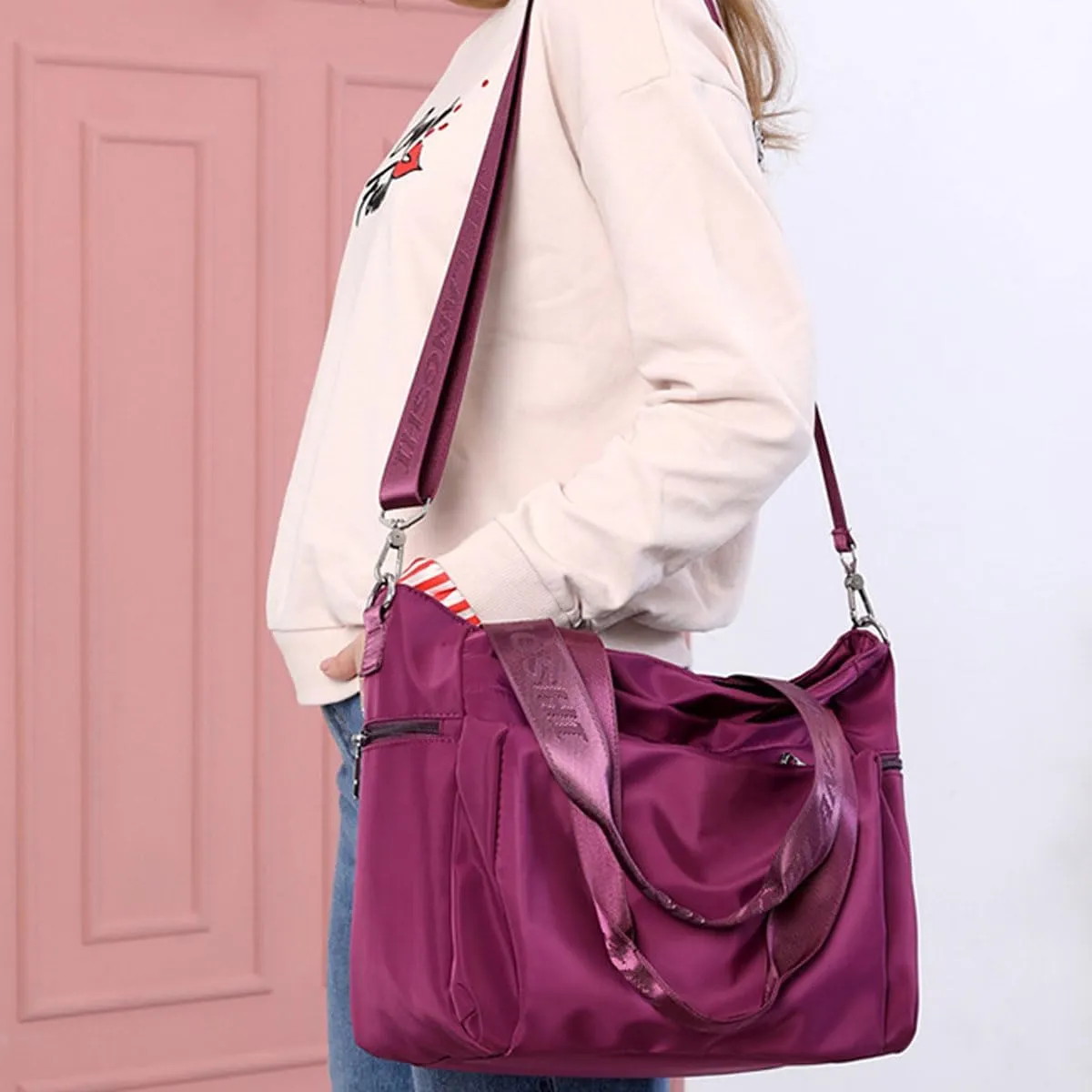 Women Nylon Tote Bag Multi-function Shoulder Bag Multiple Pockets Purse Handbag Lightweight Travel Messenger Bag