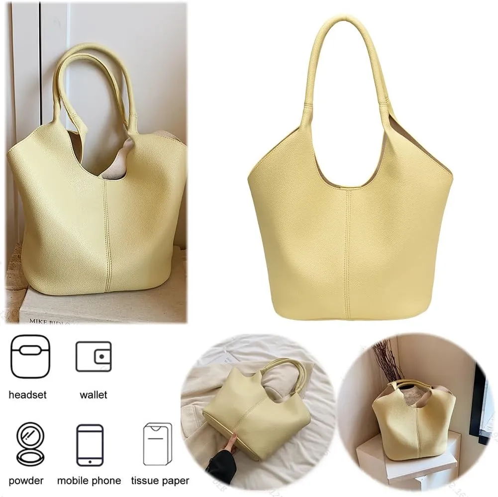 Women PU Tote Bag Simple Shoulder Purse Large Capacity Vegan Leather Bucket Bag Solid Color Fashion Shoulder Bag Out
