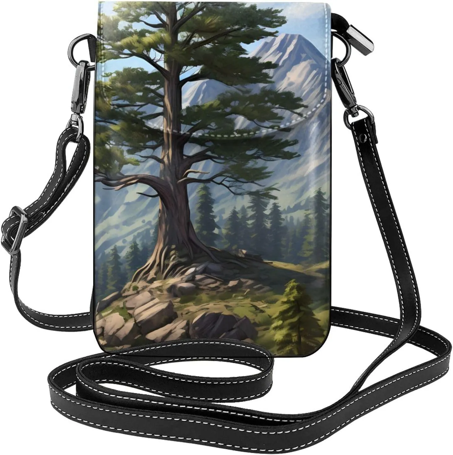 women Small Cell Phone Purse Deer Mountain Pine Tree Wilderness pattern Soft, durable and waterproof PU leather Convenient for daily use and travel