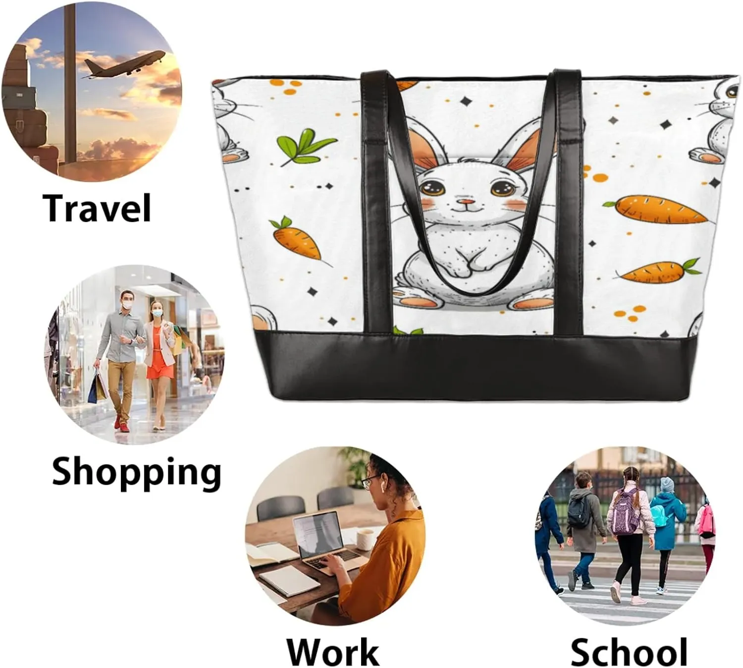 Women Tote Bag with Zipper, Shopper Handbag Travel Purse, PU Leather Laptop Tote Bags, Weekender Bags