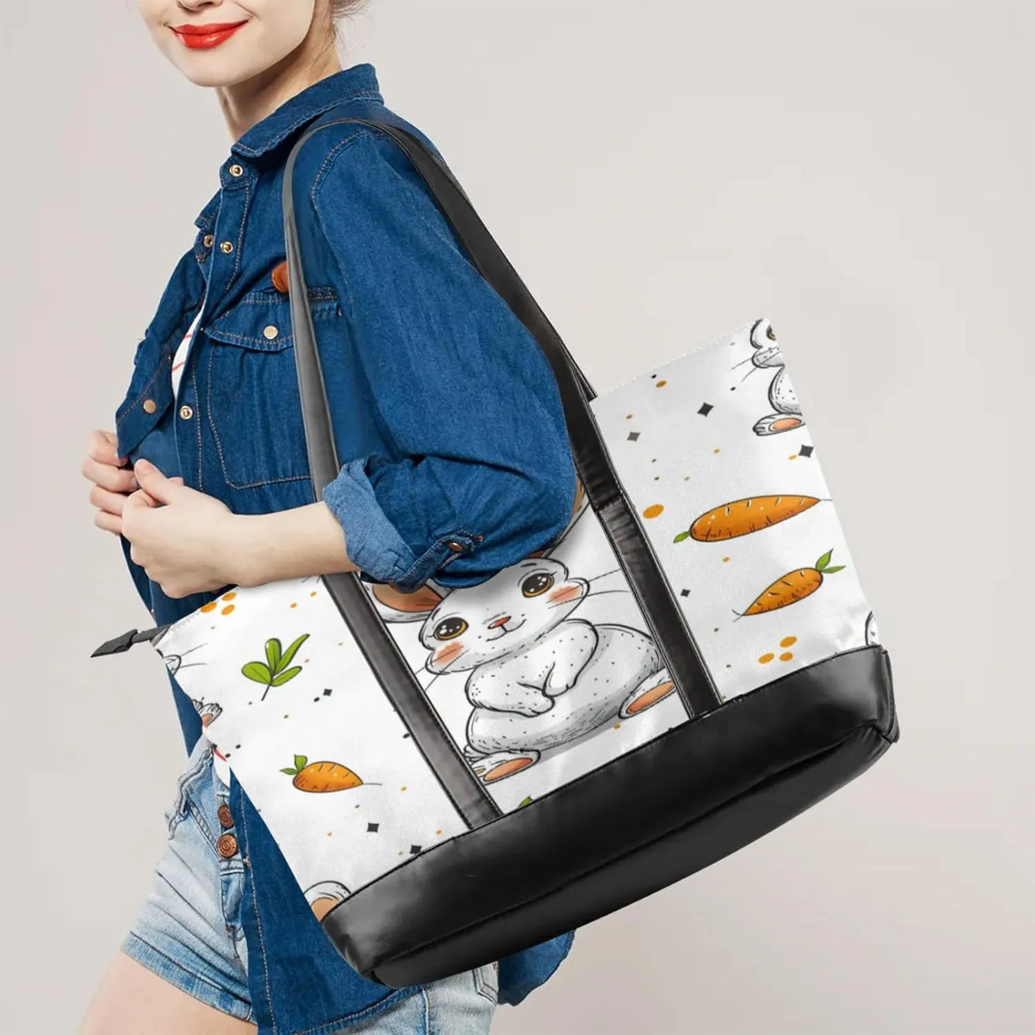 Women Tote Bag with Zipper, Shopper Handbag Travel Purse, PU Leather Laptop Tote Bags, Weekender Bags