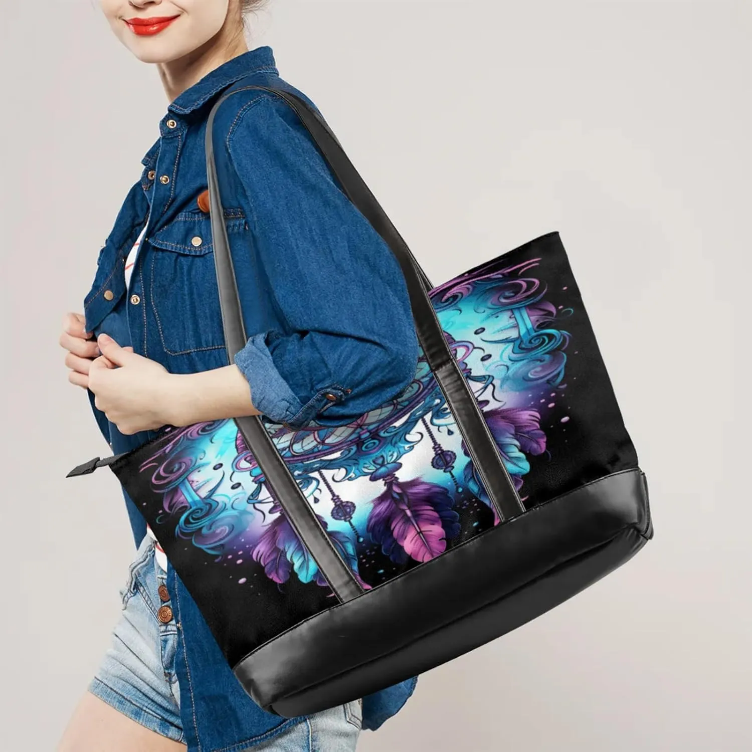 Women Tote Bag with Zipper, Shopper Handbag Travel Purse, PU Leather Laptop Tote Bags, Weekender Tote Bags