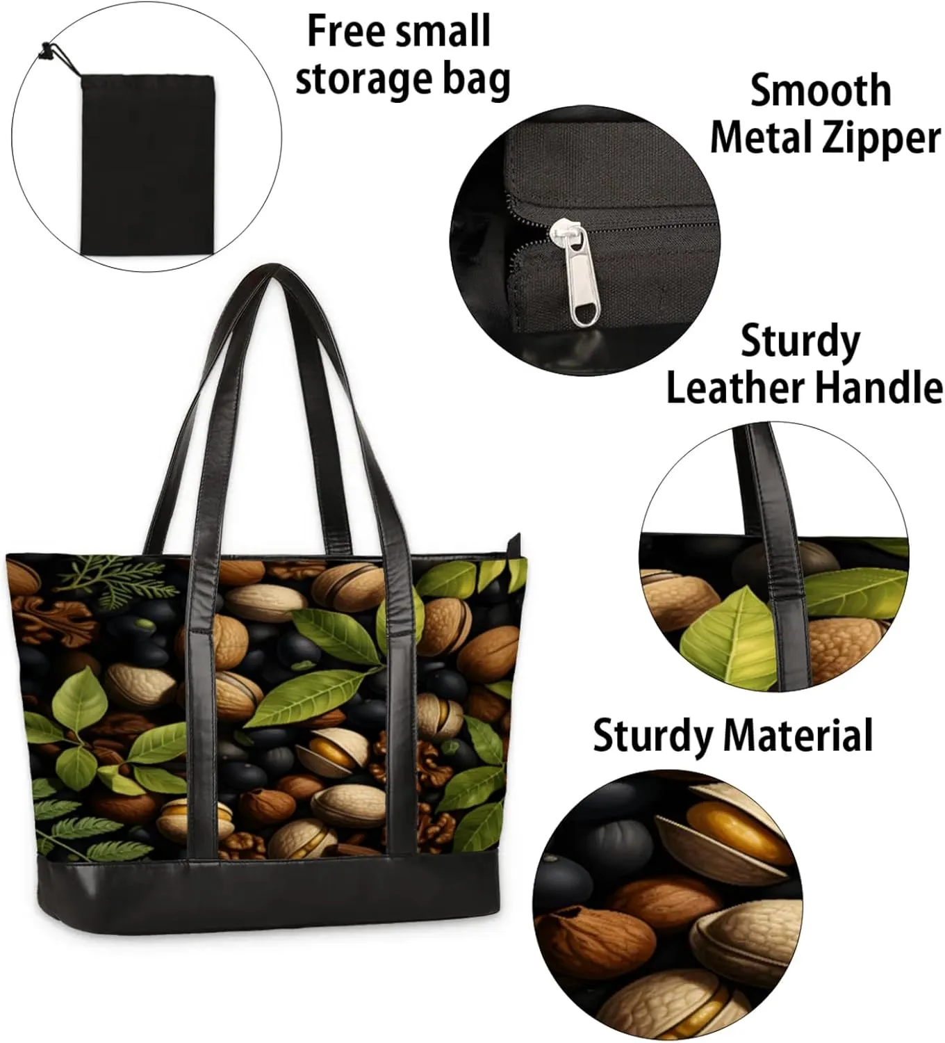 Women Tote Bag with Zipper, Shopper Handbag Travel Purse, PU Leather Laptop Tote Bags, Weekender Tote Bags