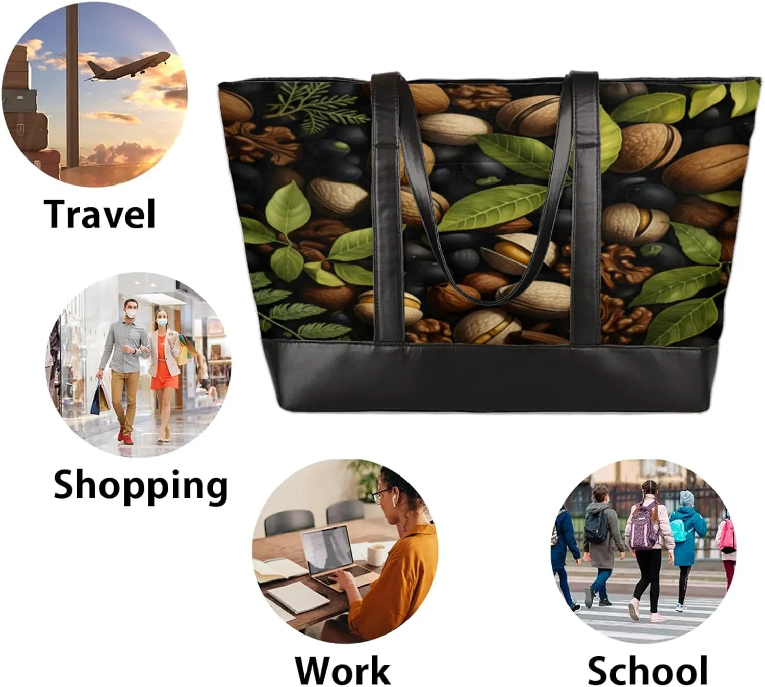 Women Tote Bag with Zipper, Shopper Handbag Travel Purse, PU Leather Laptop Tote Bags, Weekender Tote Bags