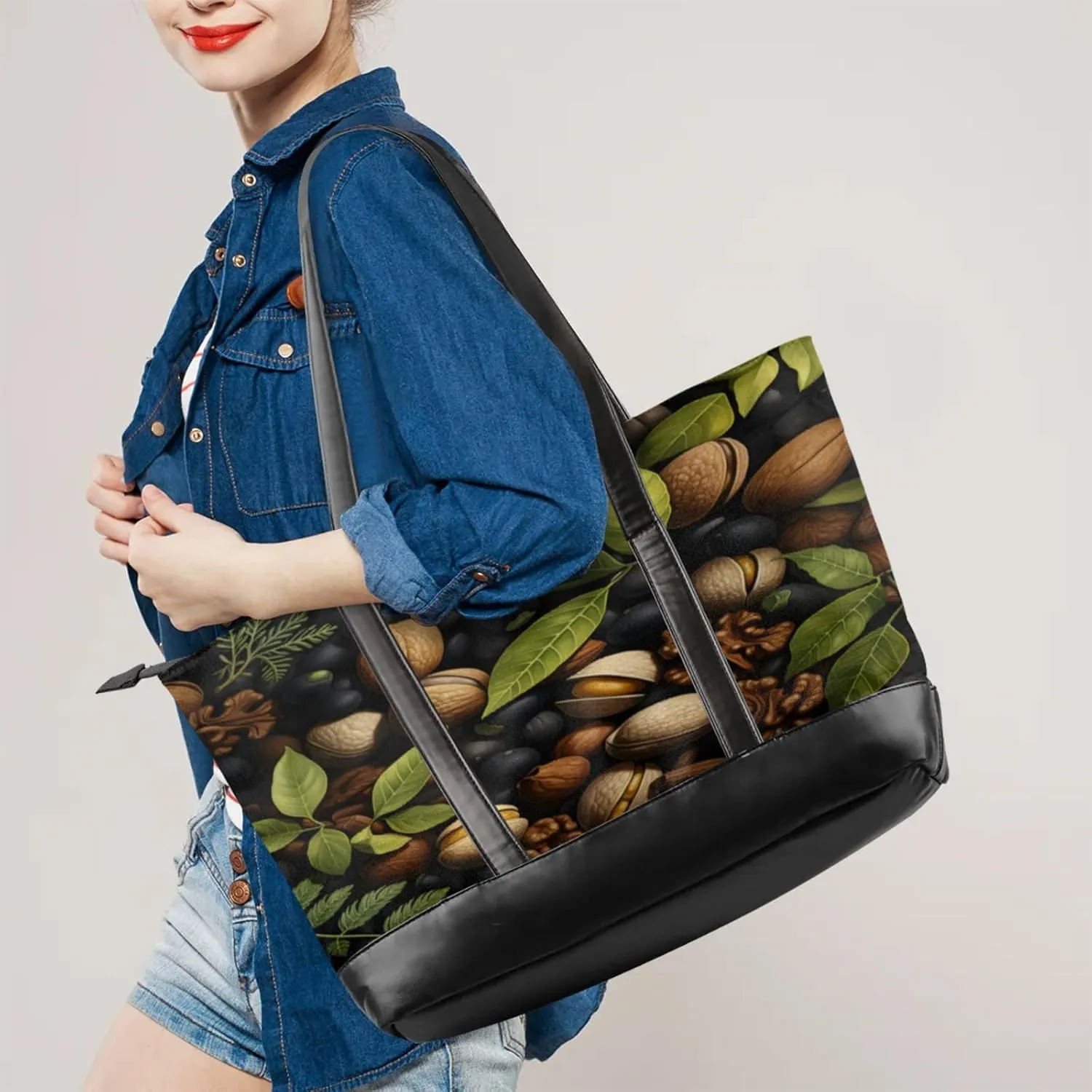 Women Tote Bag with Zipper, Shopper Handbag Travel Purse, PU Leather Laptop Tote Bags, Weekender Tote Bags