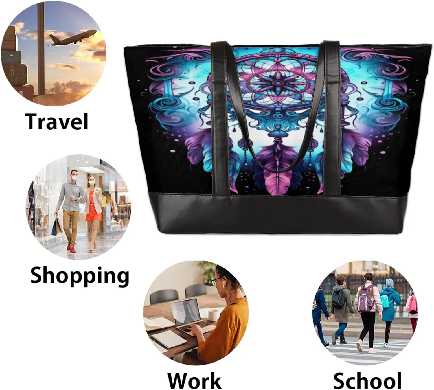 Women Tote Bag with Zipper, Shopper Handbag Travel Purse, PU Leather Laptop Tote Bags, Weekender Tote Bags