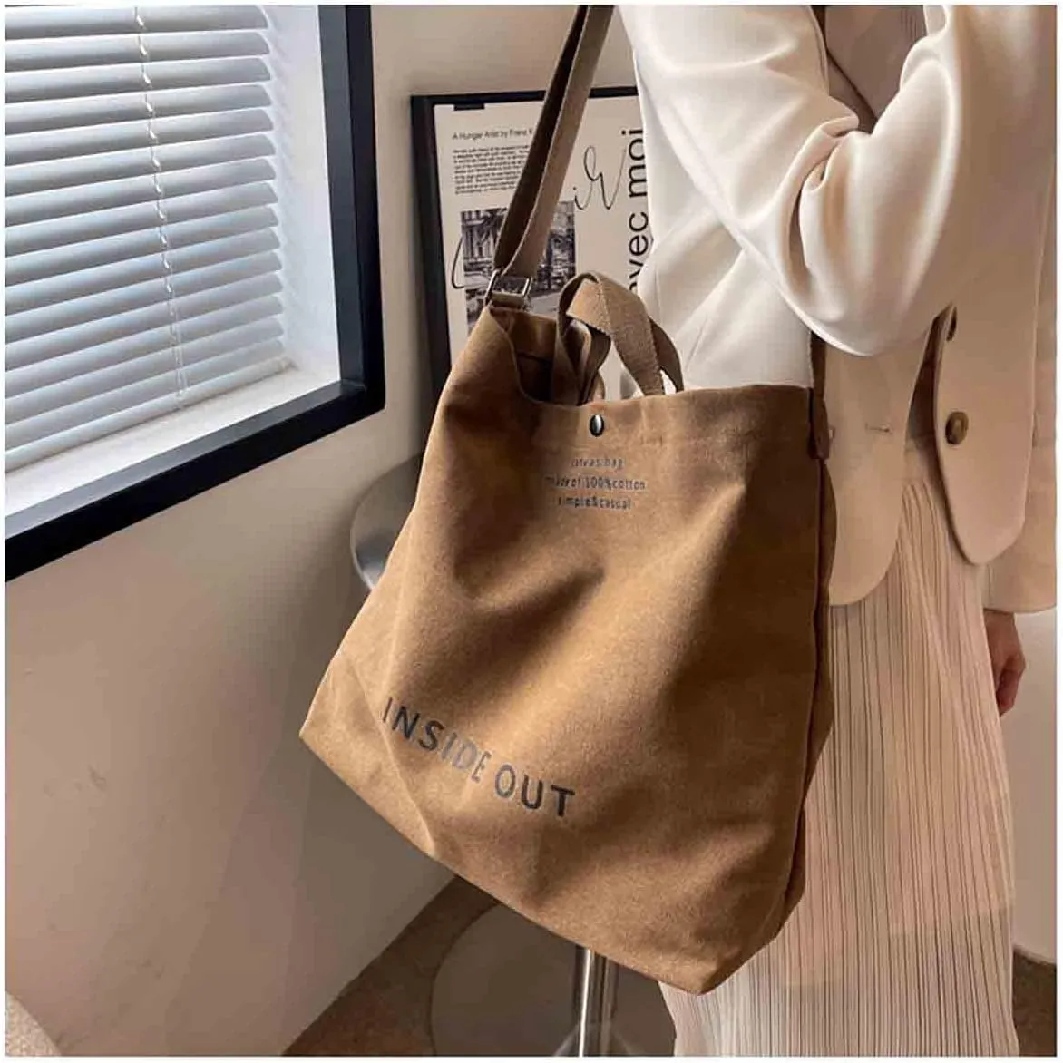 Women's Canvas Tote Shoulder Bag - Large Fashion Retro Letter Handbag