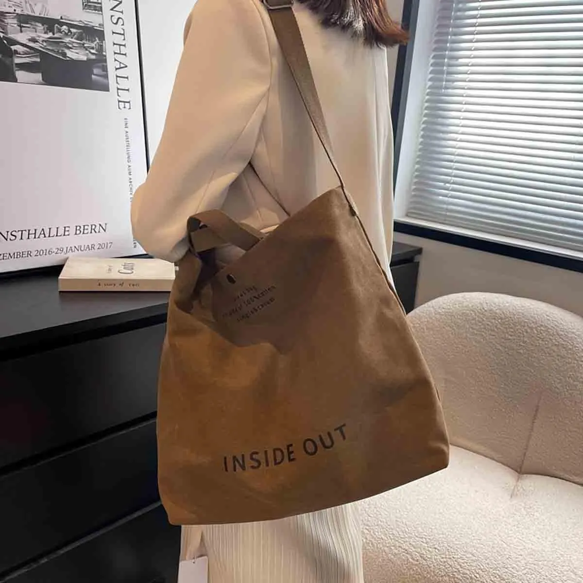 Women's Canvas Tote Shoulder Bag - Large Fashion Retro Letter Handbag