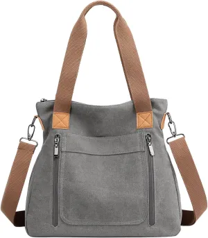 Women's Canvas Vintage Tote Shoulder Bag, Hobo Daily Purse Large Handbag with Multi-pocket, Top Handle Work Bags