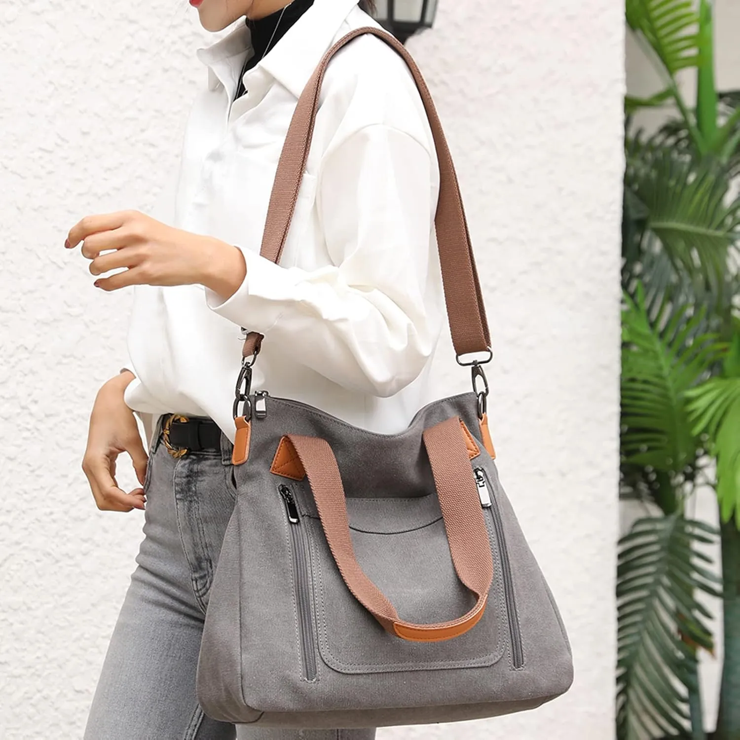 Women's Canvas Vintage Tote Shoulder Bag, Hobo Daily Purse Large Handbag with Multi-pocket, Top Handle Work Bags