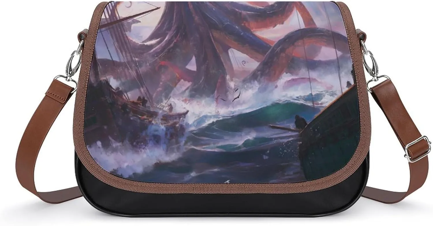 Women's Handbag Octopus With Tentacles Floating Ocean Wave Satchel Bag Leather Crossbody Bag Waterproof Messenger Bag