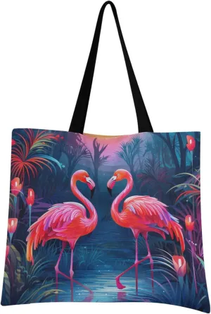 Women's Large Size Canvas Shoulder Bag Hobo Crossbody Handbag Casual Tote for Shopping, Grocery, Vacation, Cute Flamingo (12)