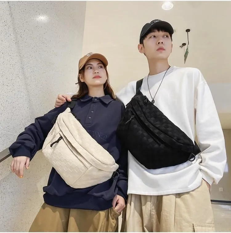 Women's Summer Plaid Zipper Belt Bag, Large Capacity Shoulder Messenger Waist Bag, Fashionable for Travel, School, Casual (White)