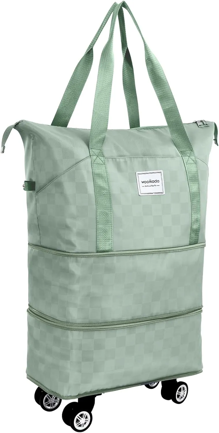 WOOMADA Rolling Duffel Bag With Wheels, Detachable Rolling Carry-On Luggage, Expandable Foldable Large Suitcase for Travel, Business, Camping, Gift for Parents, Spouse(mint green checkerboard)