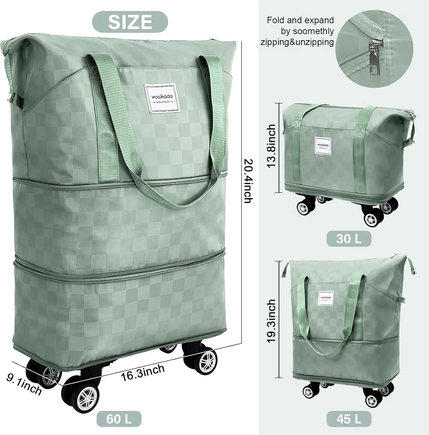 WOOMADA Rolling Duffel Bag With Wheels, Detachable Rolling Carry-On Luggage, Expandable Foldable Large Suitcase for Travel, Business, Camping, Gift for Parents, Spouse(mint green checkerboard)