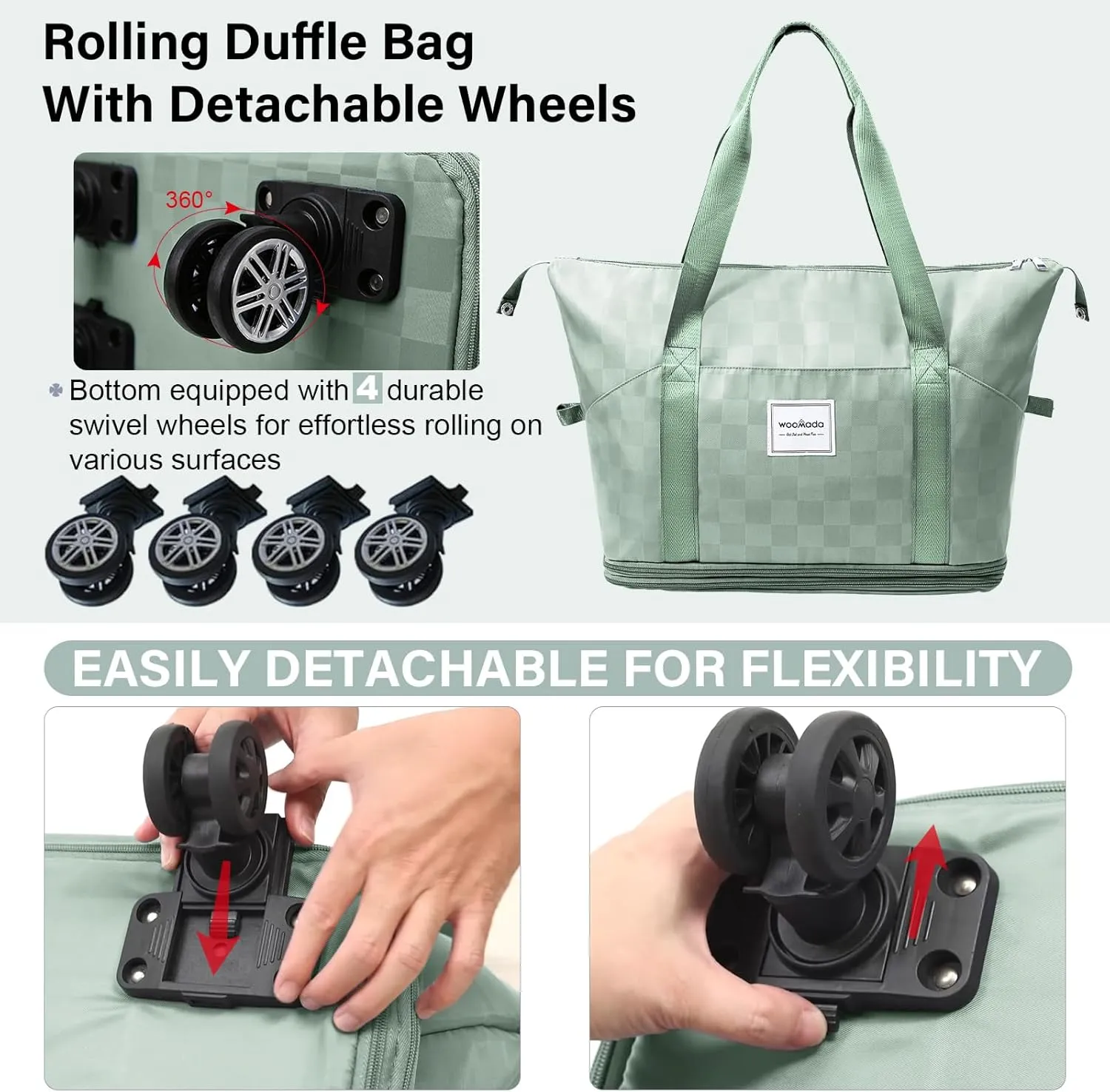 WOOMADA Rolling Duffel Bag With Wheels, Detachable Rolling Carry-On Luggage, Expandable Foldable Large Suitcase for Travel, Business, Camping, Gift for Parents, Spouse(mint green checkerboard)