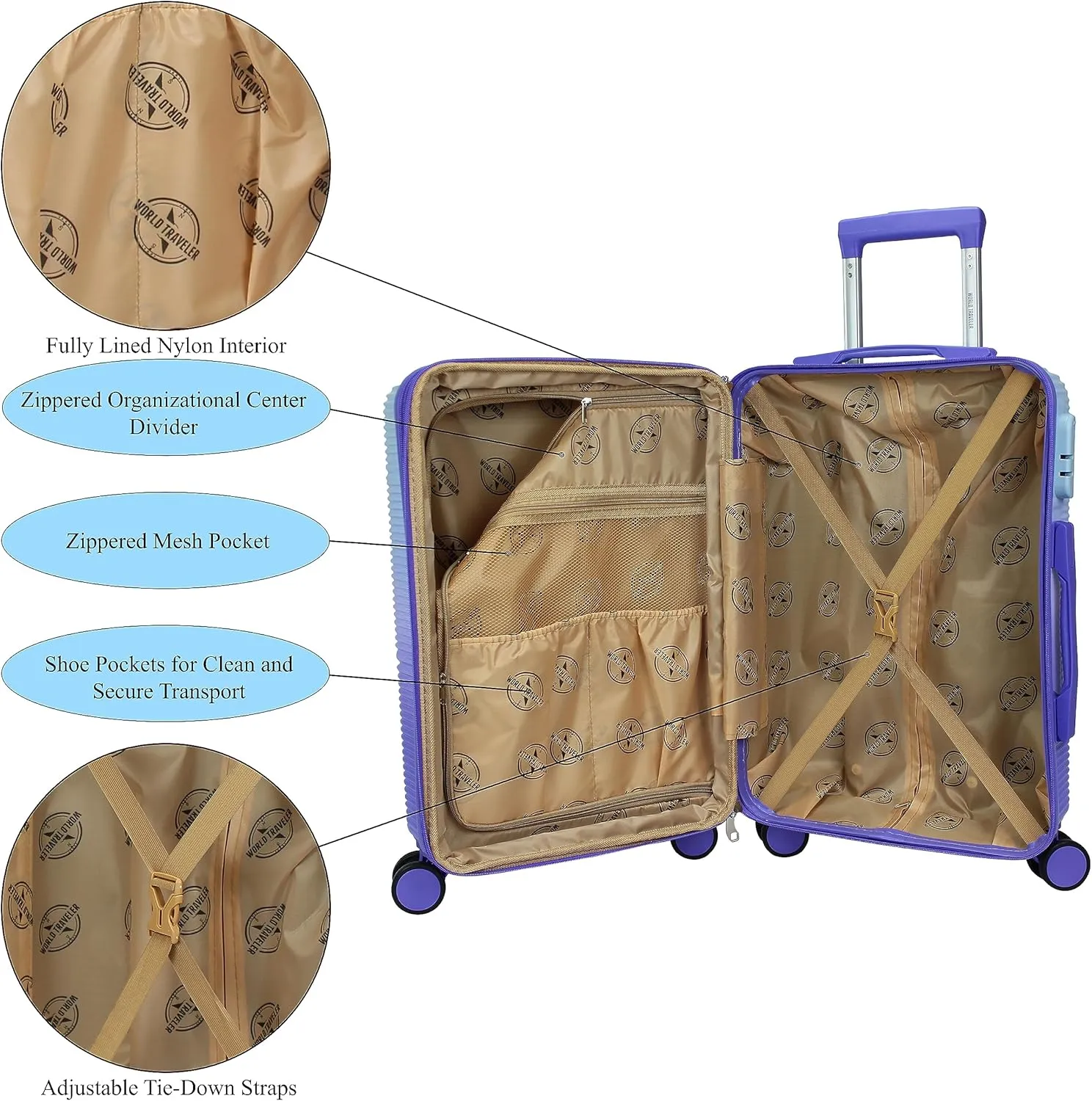 World Traveler Women's Highways 2-Piece Hardside Carry-On Spinner Luggage Set, Lavender, One_Size
