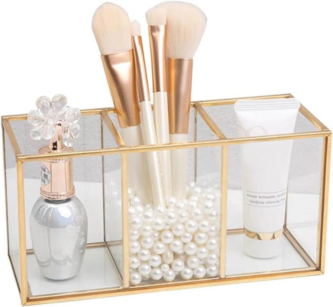 WQAZ Cosmetic Storage Box Transparent Glass Makeup Brush Storage Box Gold Cosmetics Container Ring Pencil Lipstick Holder Make Up Brushes Organizer Durable and Clean (Color : E)