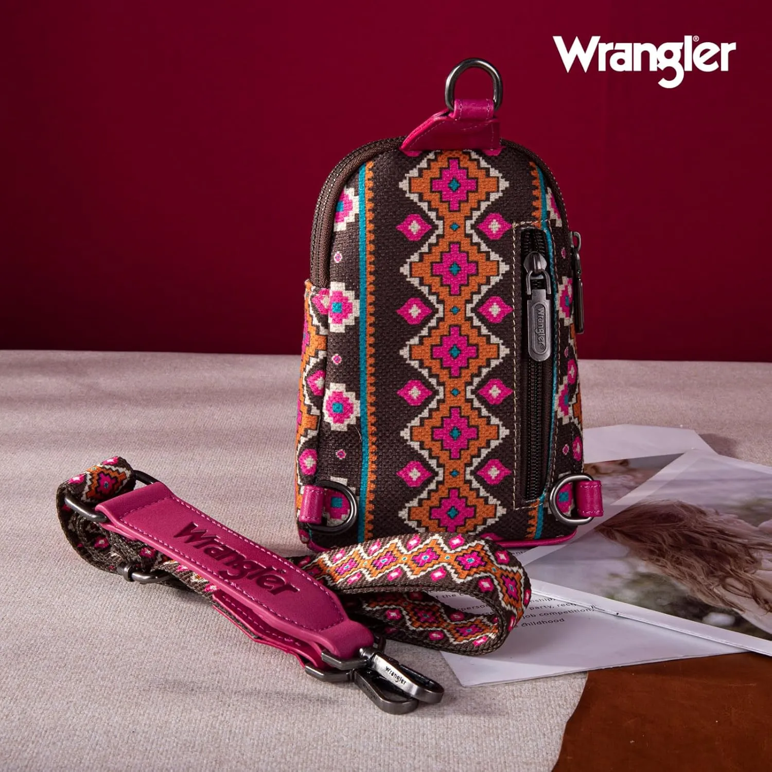 Wrangler Aztec Crossbody Sling Bags for Women Southwestern Print Purse with Detachable Strap