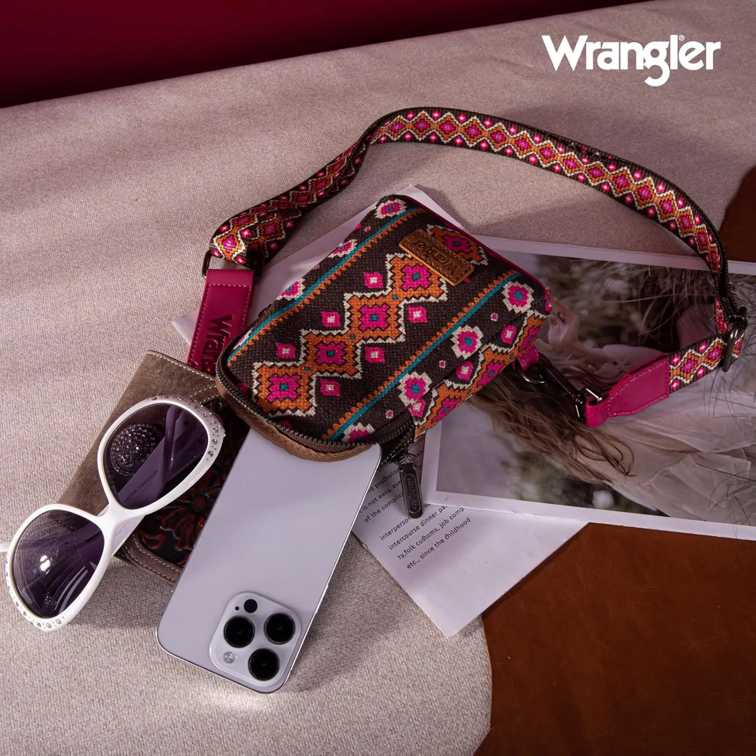 Wrangler Aztec Crossbody Sling Bags for Women Southwestern Print Purse with Detachable Strap