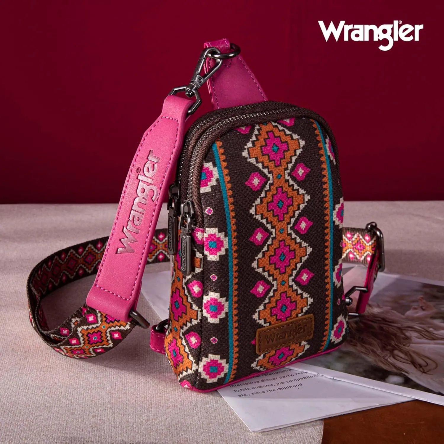 Wrangler Aztec Crossbody Sling Bags for Women Southwestern Print Purse with Detachable Strap