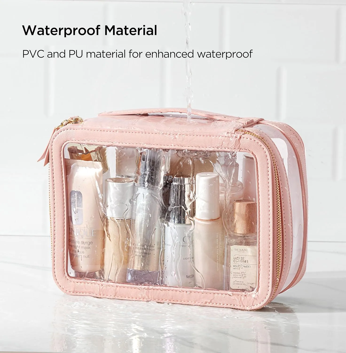 X-Large Clear Makeup Bag for Women, Portable Travel Makeup Bag Organizer Waterproof Toiletry Bag Cute Makeup Bags Cosmetic Bag Makeup Pouch, Pink