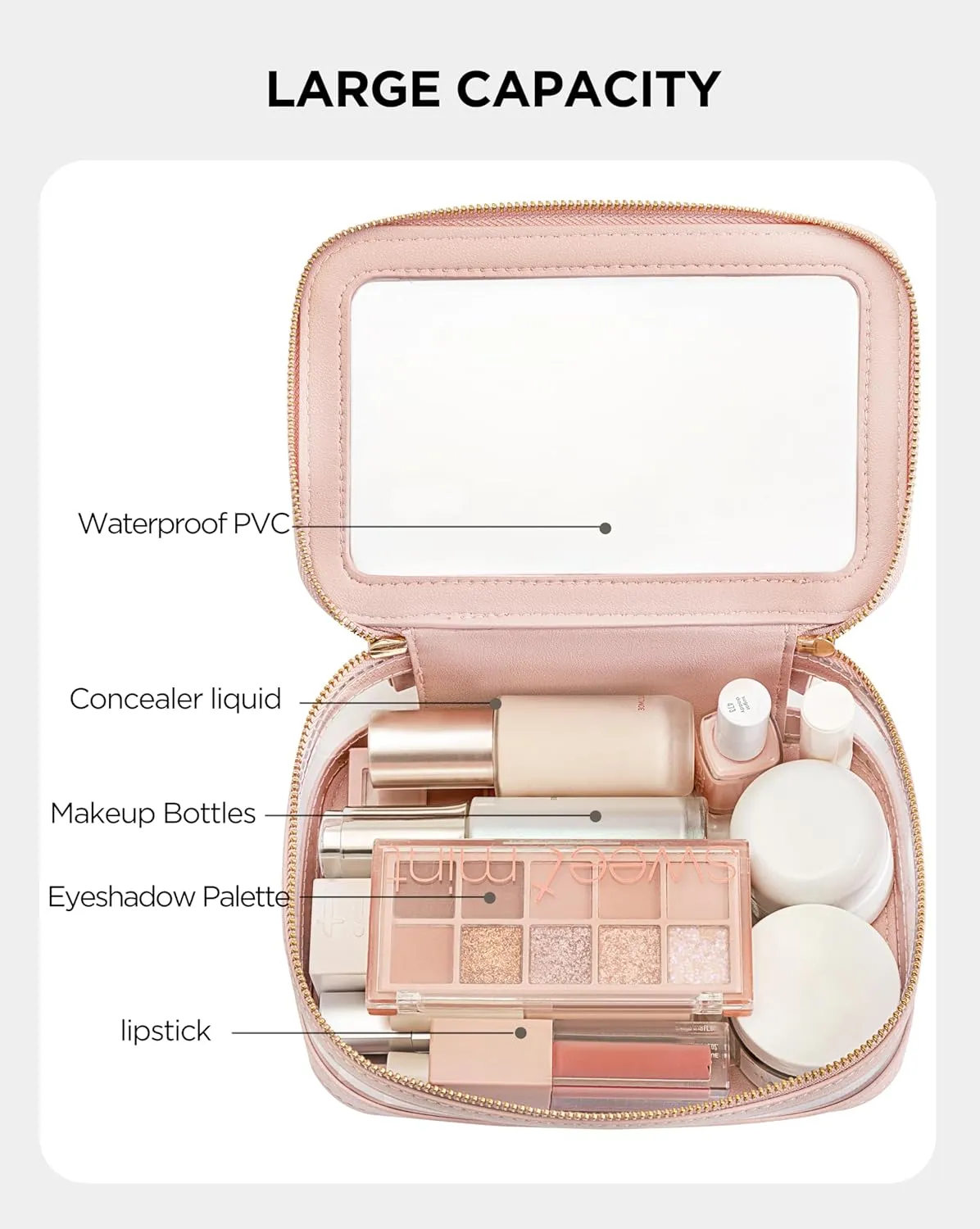 X-Large Clear Makeup Bag for Women, Portable Travel Makeup Bag Organizer Waterproof Toiletry Bag Cute Makeup Bags Cosmetic Bag Makeup Pouch, Pink