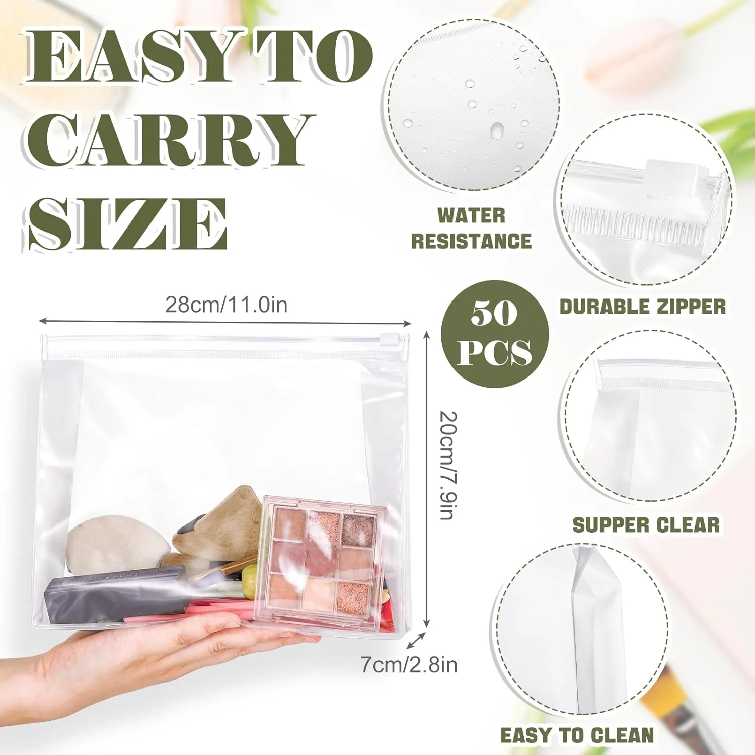 Xuniea 50 Pieces Mini Clear Makeup Bag Small Clear Zipper Pouch Travel Bag for Toiletries Plastic Cosmetic Organizer Waterproof for Women Men Vacation(11 x 7.9 x 2.8 in,Transparent)