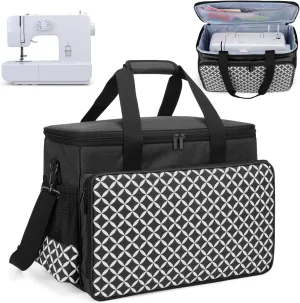 Yarwo Sewing Machine Carrying Case with Thicken Bottom Board, Universal Sewing Machine Tote Compatible with Most Standard Sewing Machine and Accessories, Black with Grid