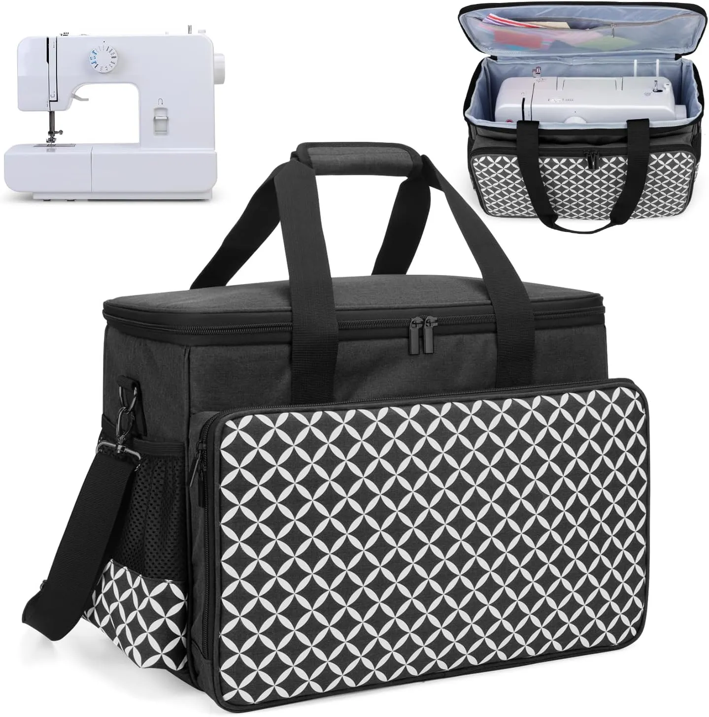 Yarwo Sewing Machine Carrying Case with Thicken Bottom Board, Universal Sewing Machine Tote Compatible with Most Standard Sewing Machine and Accessories, Black with Grid