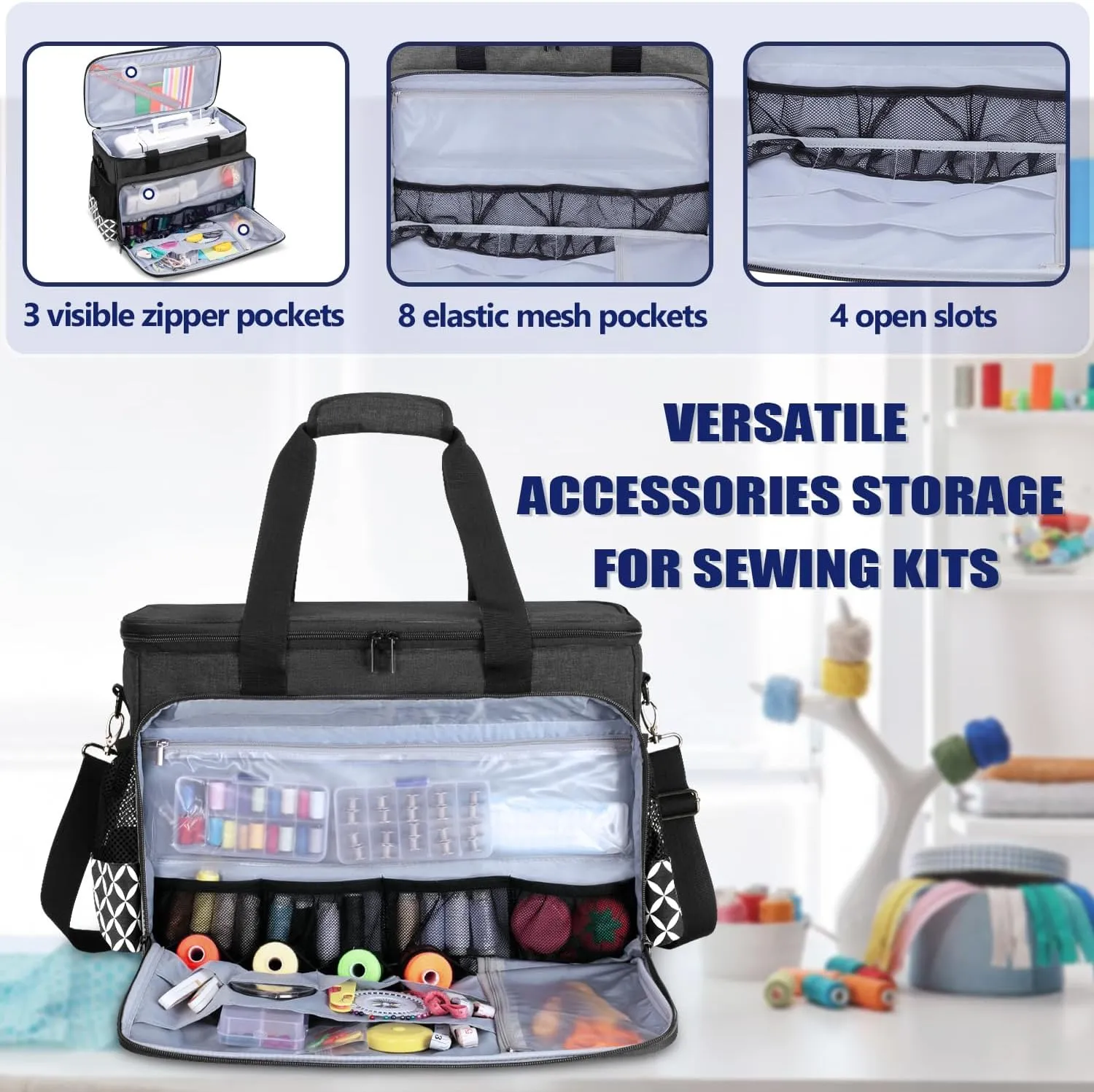 Yarwo Sewing Machine Carrying Case with Thicken Bottom Board, Universal Sewing Machine Tote Compatible with Most Standard Sewing Machine and Accessories, Black with Grid