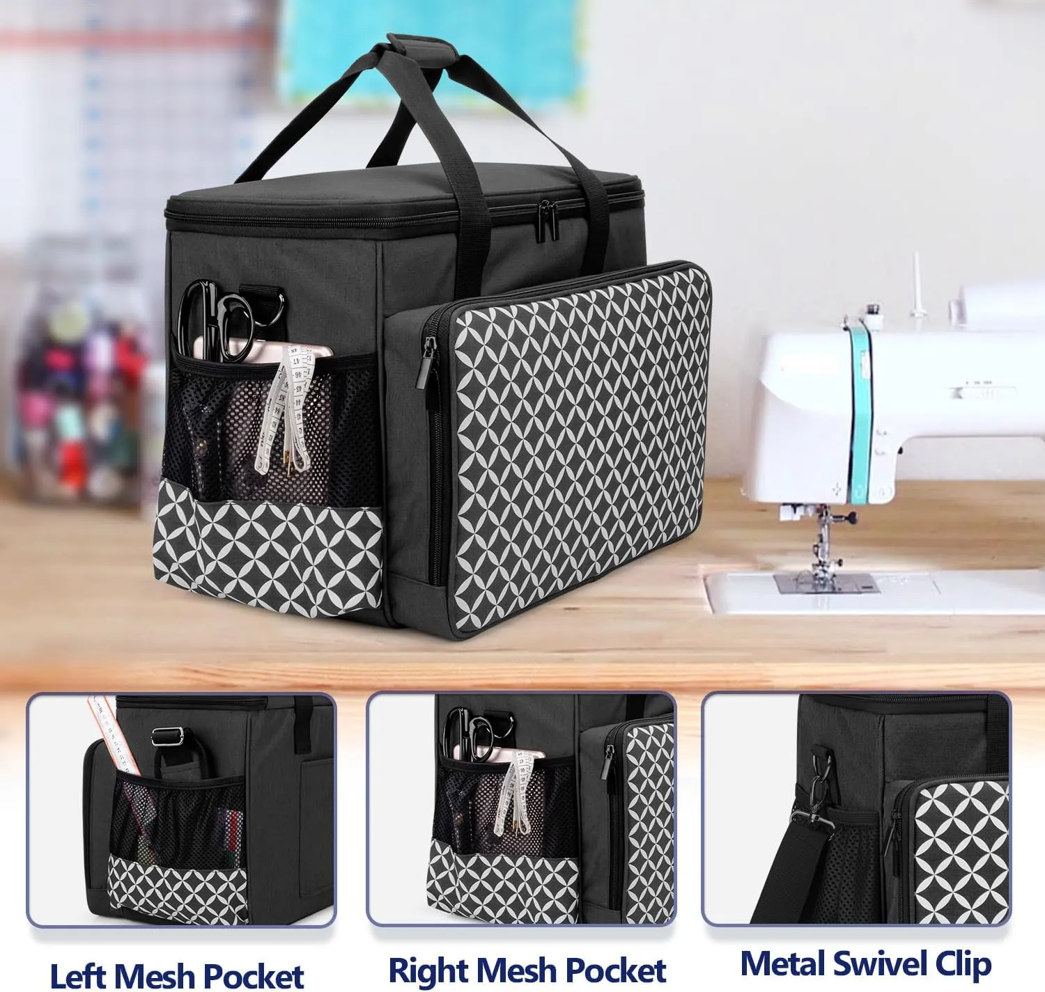 Yarwo Sewing Machine Carrying Case with Thicken Bottom Board, Universal Sewing Machine Tote Compatible with Most Standard Sewing Machine and Accessories, Black with Grid