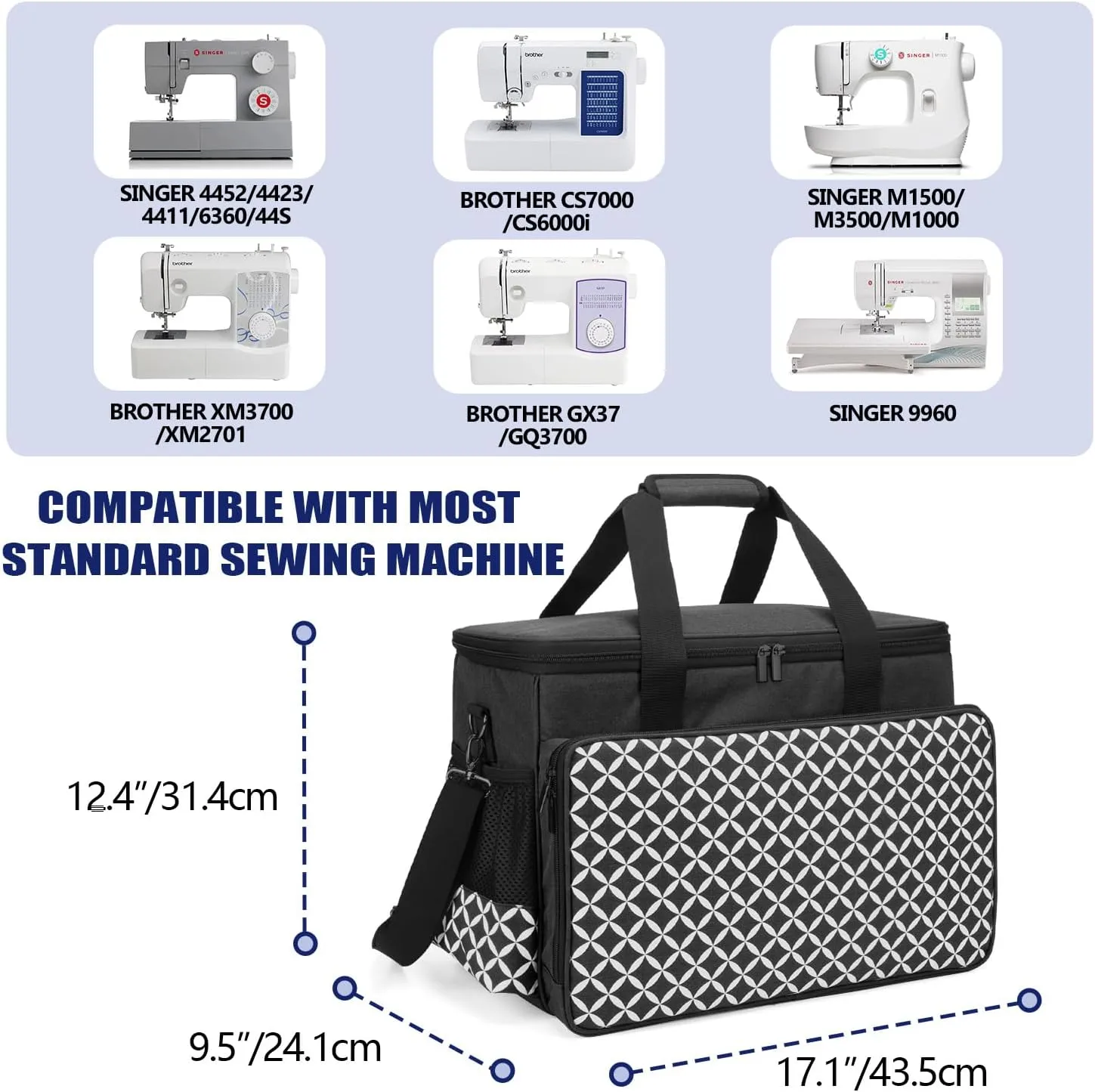 Yarwo Sewing Machine Carrying Case with Thicken Bottom Board, Universal Sewing Machine Tote Compatible with Most Standard Sewing Machine and Accessories, Black with Grid