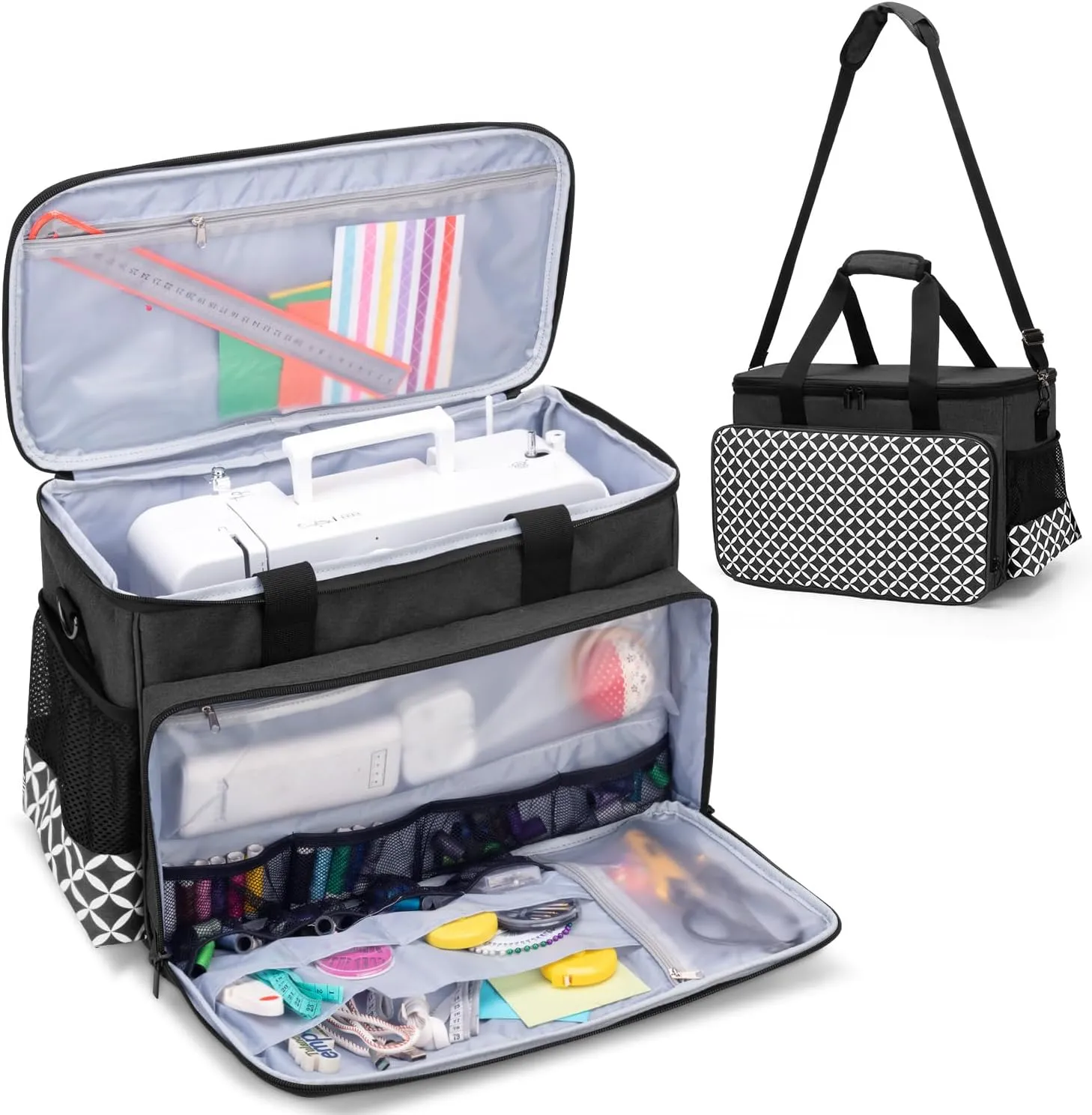 Yarwo Sewing Machine Carrying Case with Thicken Bottom Board, Universal Sewing Machine Tote Compatible with Most Standard Sewing Machine and Accessories, Black with Grid