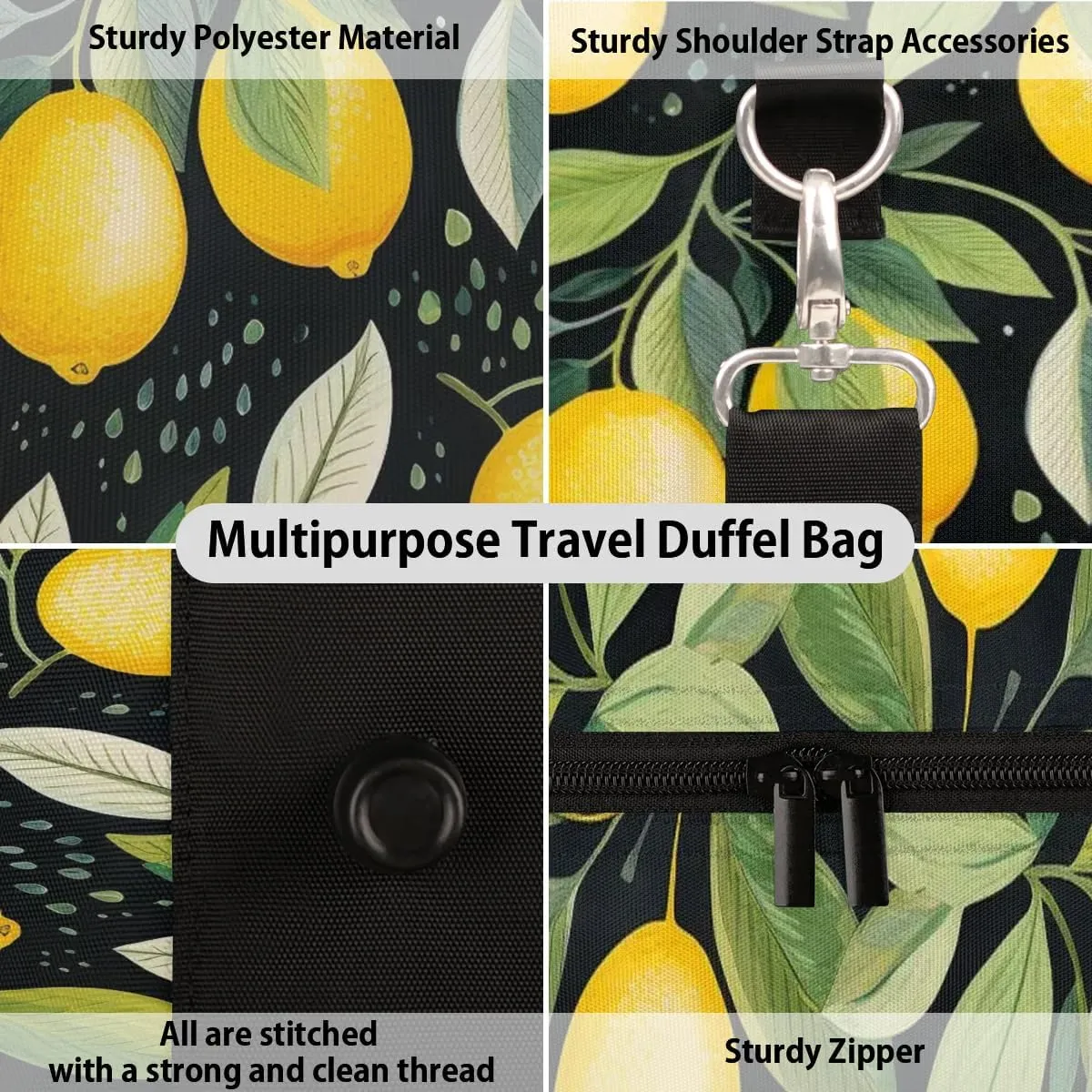 Yellow Lemon Spring Leaf Travel Duffel Bag for Women Men Waterproof Foldable Overnight Weekender Bag Large Capacity Sports Gym Bag