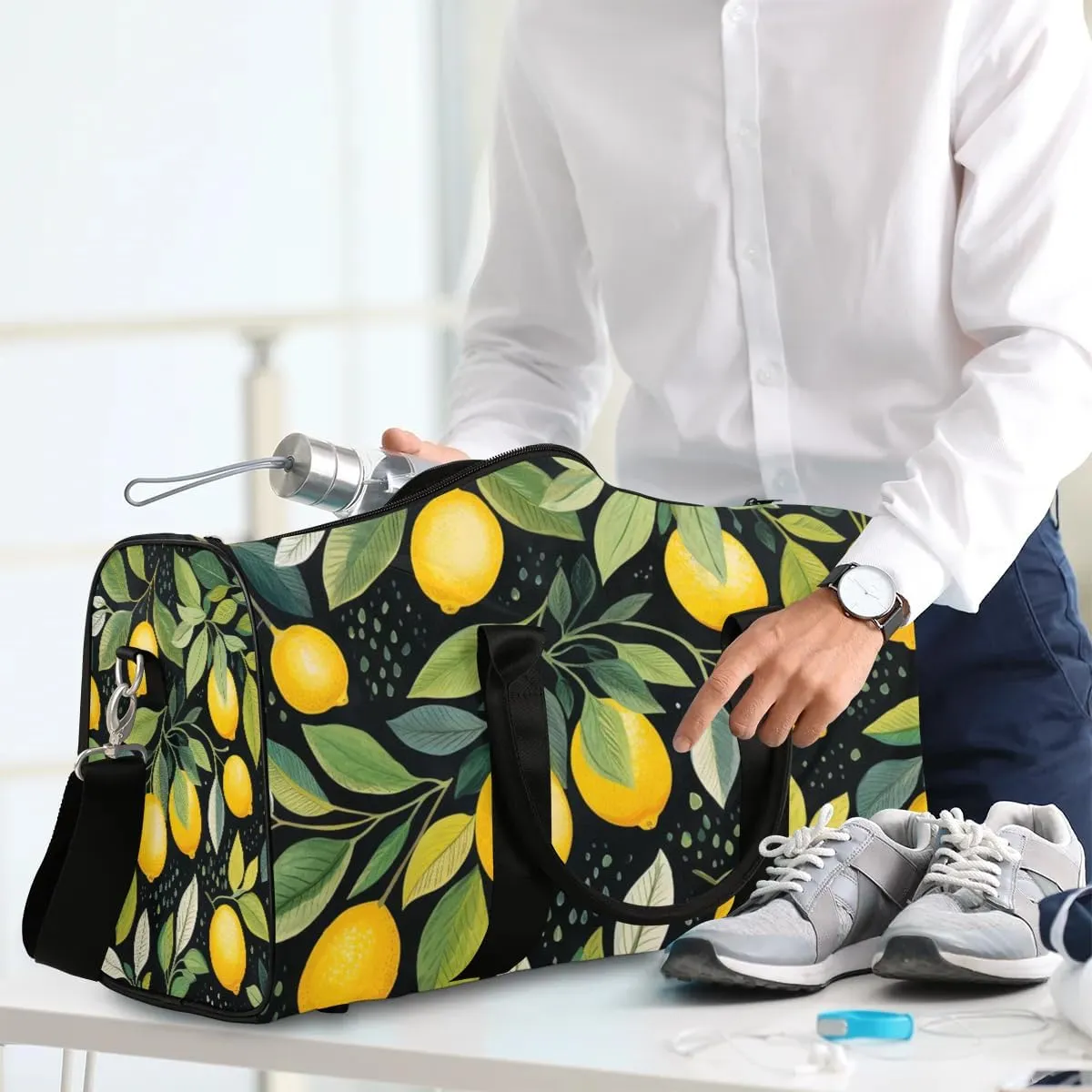 Yellow Lemon Spring Leaf Travel Duffel Bag for Women Men Waterproof Foldable Overnight Weekender Bag Large Capacity Sports Gym Bag