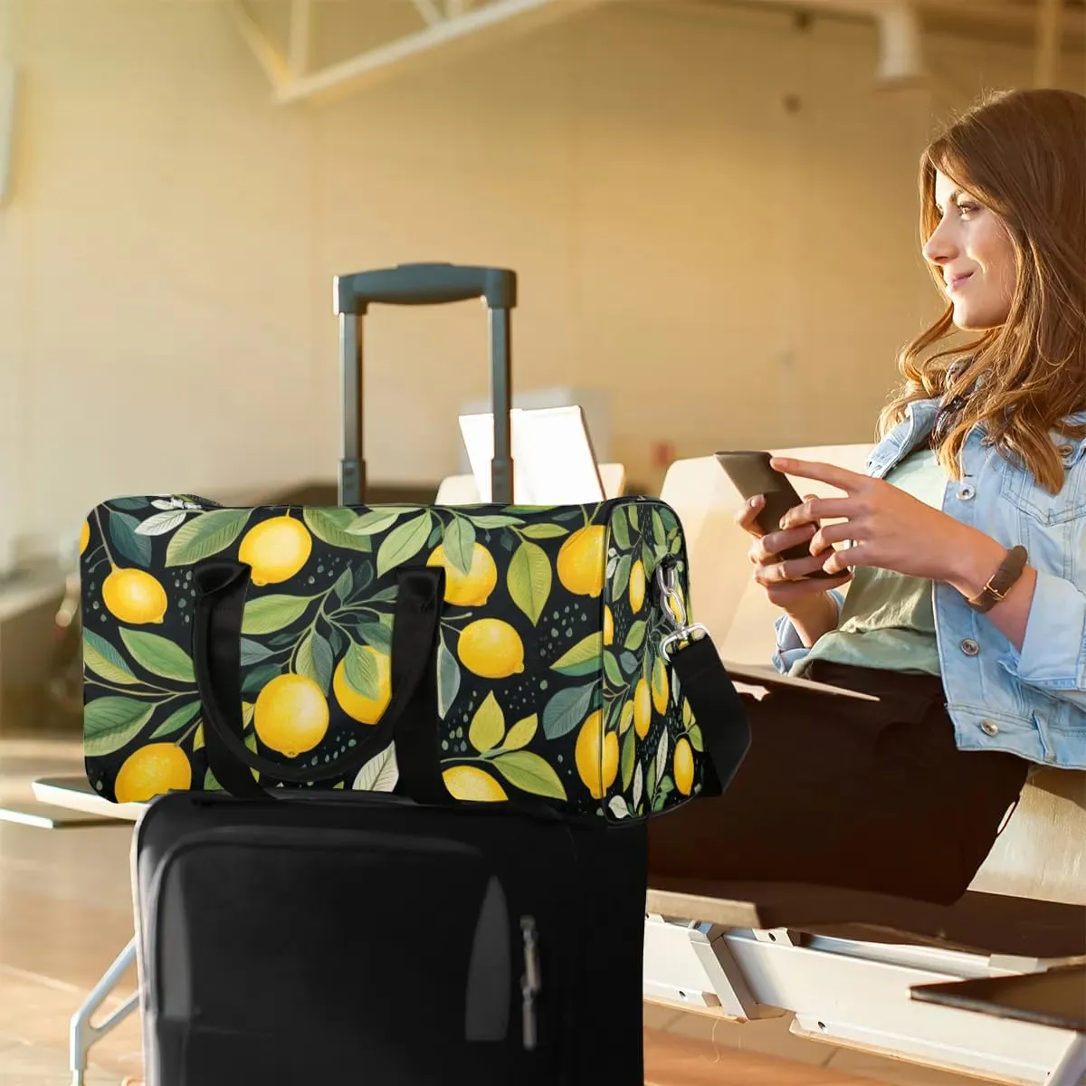 Yellow Lemon Spring Leaf Travel Duffel Bag for Women Men Waterproof Foldable Overnight Weekender Bag Large Capacity Sports Gym Bag