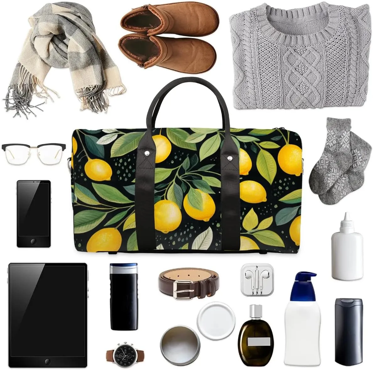 Yellow Lemon Spring Leaf Travel Duffel Bag for Women Men Waterproof Foldable Overnight Weekender Bag Large Capacity Sports Gym Bag