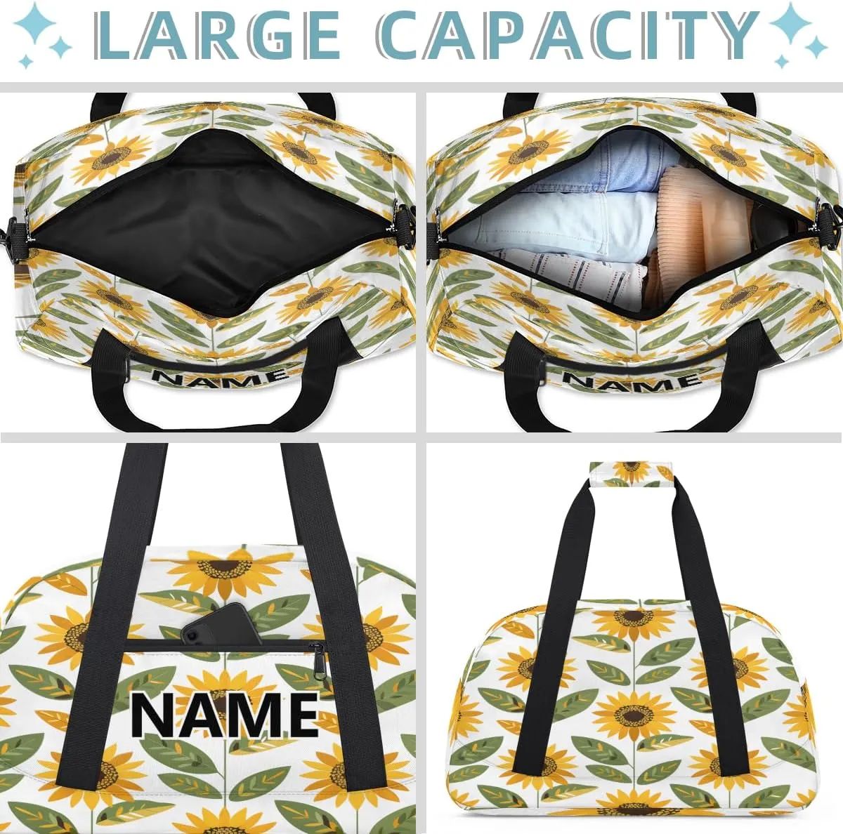 Yellow Sunflower Mini Gym Bag 18 inch for Women Men Waterproof Custom Summer Travel Duffel Bag Carry On Overnight Tote Nurse Bag for Work Fitness Hiking