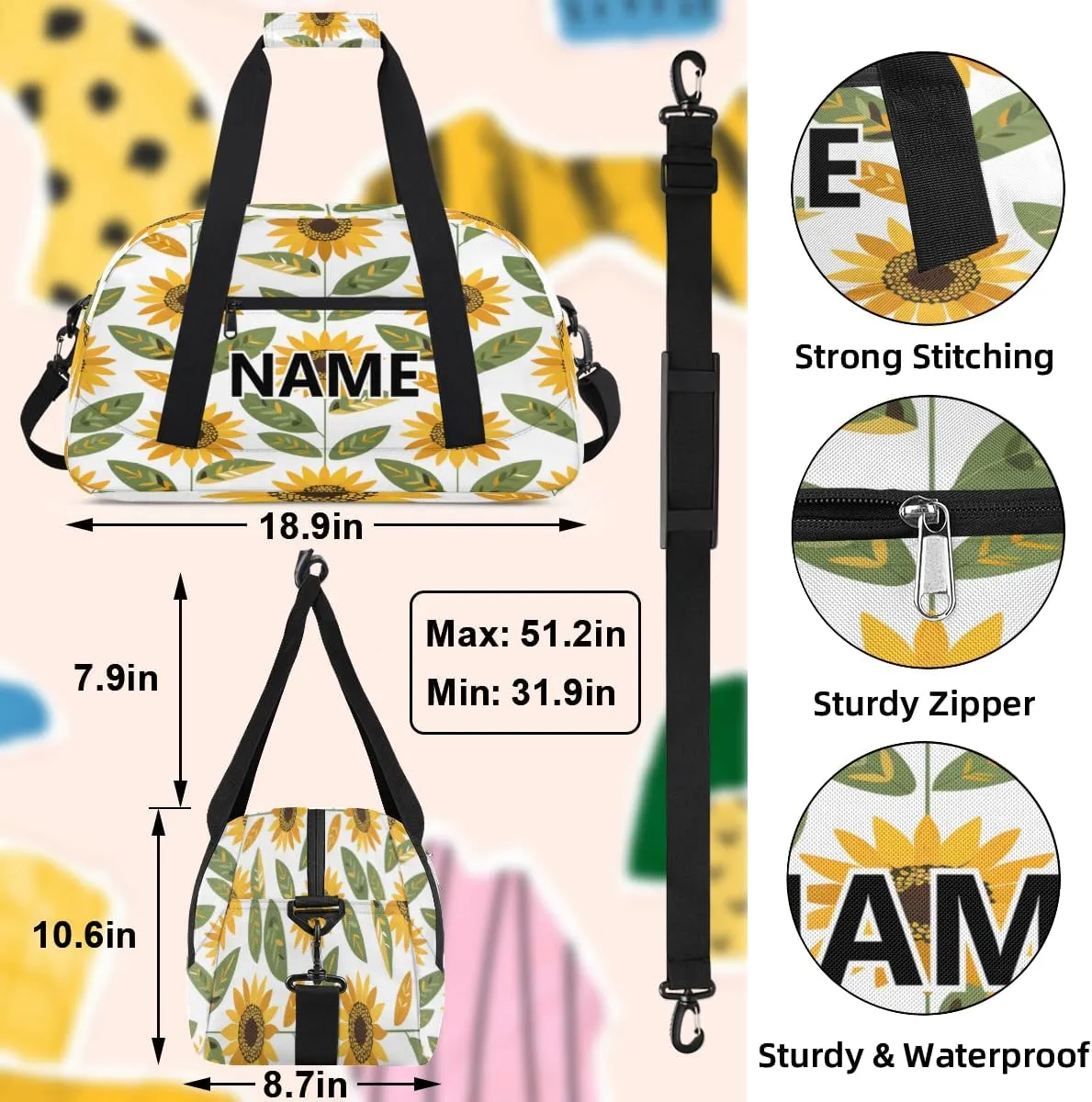 Yellow Sunflower Mini Gym Bag 18 inch for Women Men Waterproof Custom Summer Travel Duffel Bag Carry On Overnight Tote Nurse Bag for Work Fitness Hiking