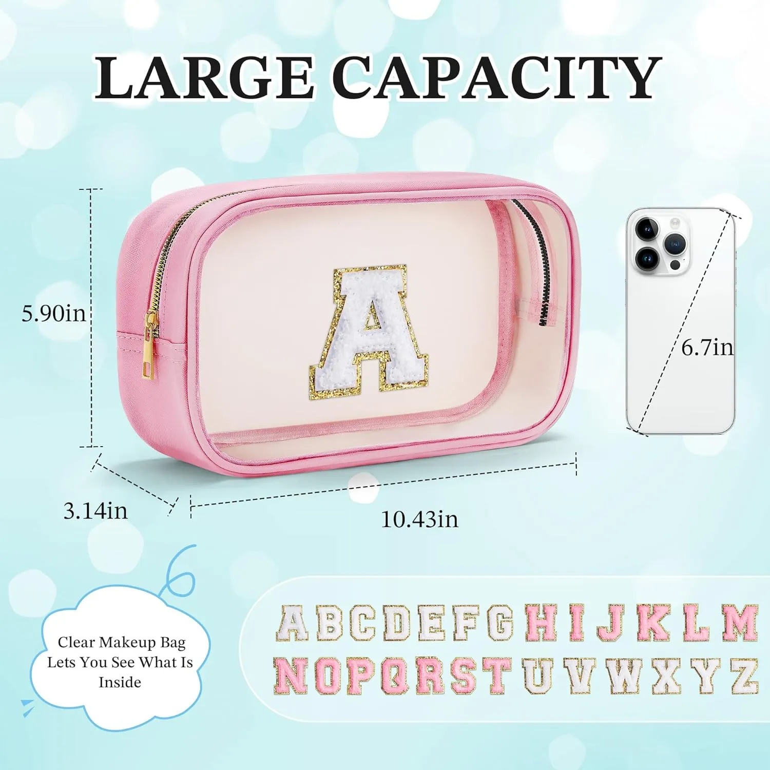YOOLIFE Graduation Teacher Gifts Initial Clear Makeup Bag Birthday Gift Travel Toiletry Bag Preppy Cosmetic Bag Birthday Gift for Girls Kids Travel Essentials Clear Toiletry Bag A