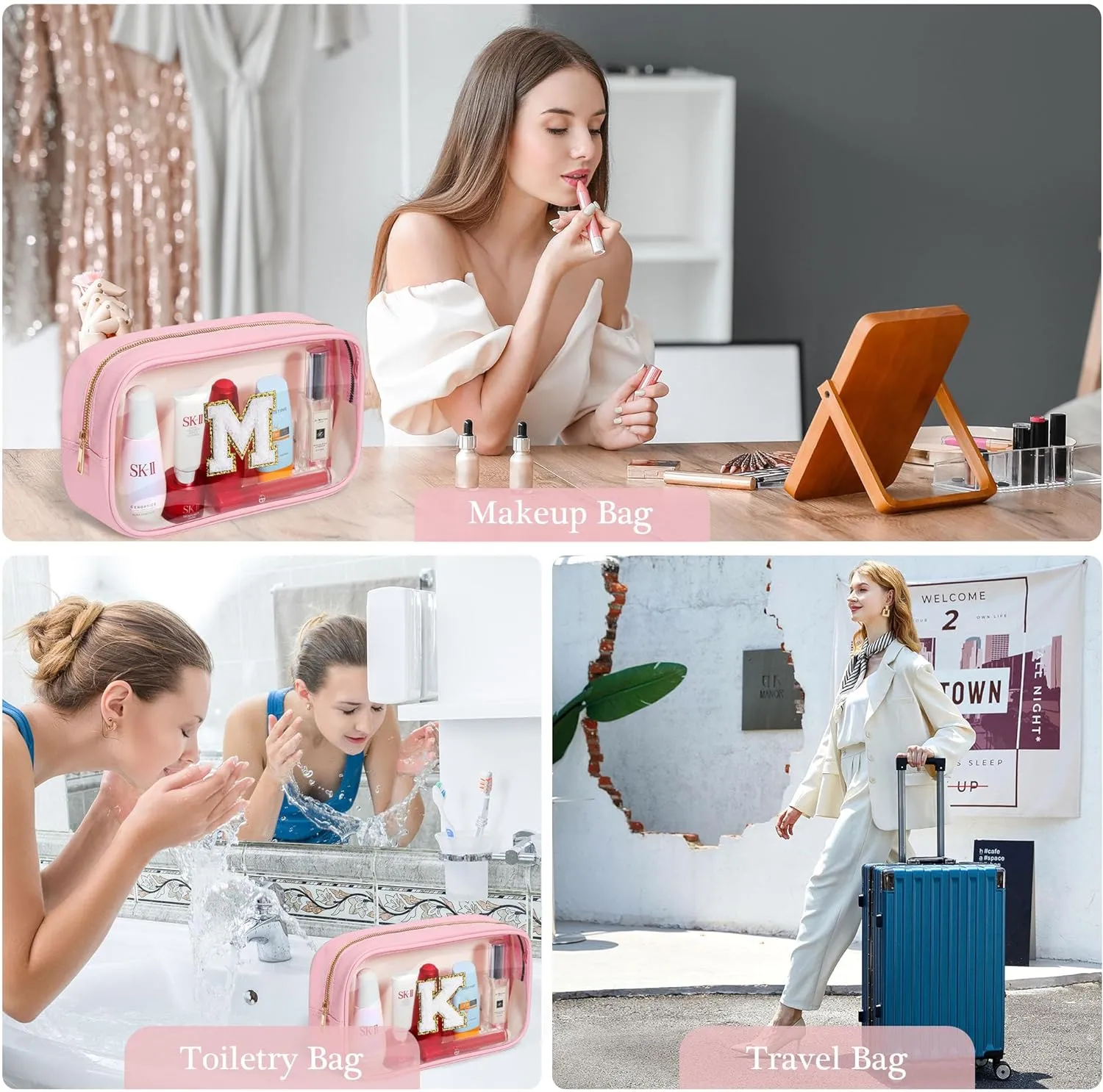 YOOLIFE Graduation Teacher Gifts Initial Clear Makeup Bag Birthday Gift Travel Toiletry Bag Preppy Cosmetic Bag Birthday Gift for Girls Kids Travel Essentials Clear Toiletry Bag A