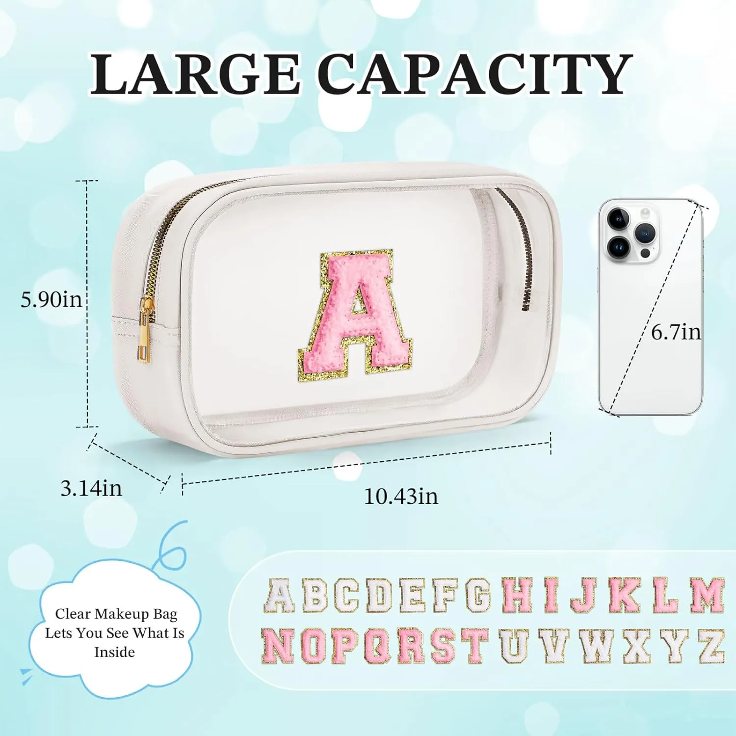 YOOLIFE Initial Make Up Bag Travel Toiletry Bag, Clear Makeup Bag Preppy Cosmetic Bag Clear Makeup Bags With Zipper Girlfriend Teacher 7 Year Old Girl Gifts Daughter Gifts Swim Gifts For Girls White V