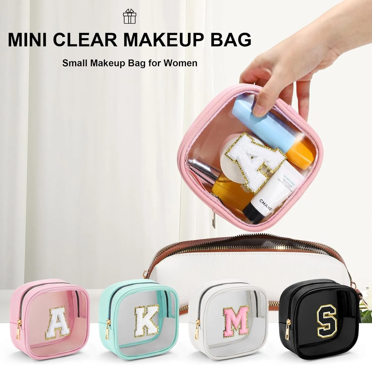 YOOLIFE Initial Make Up Bag Travel Toiletry Bag, Clear Makeup Bag Preppy Cosmetic Bags Organizer Travel Essentials Gifts for Women Teen Girlfriend Teacher Mom Birthday Gifts Small Makeup Bag Blue A