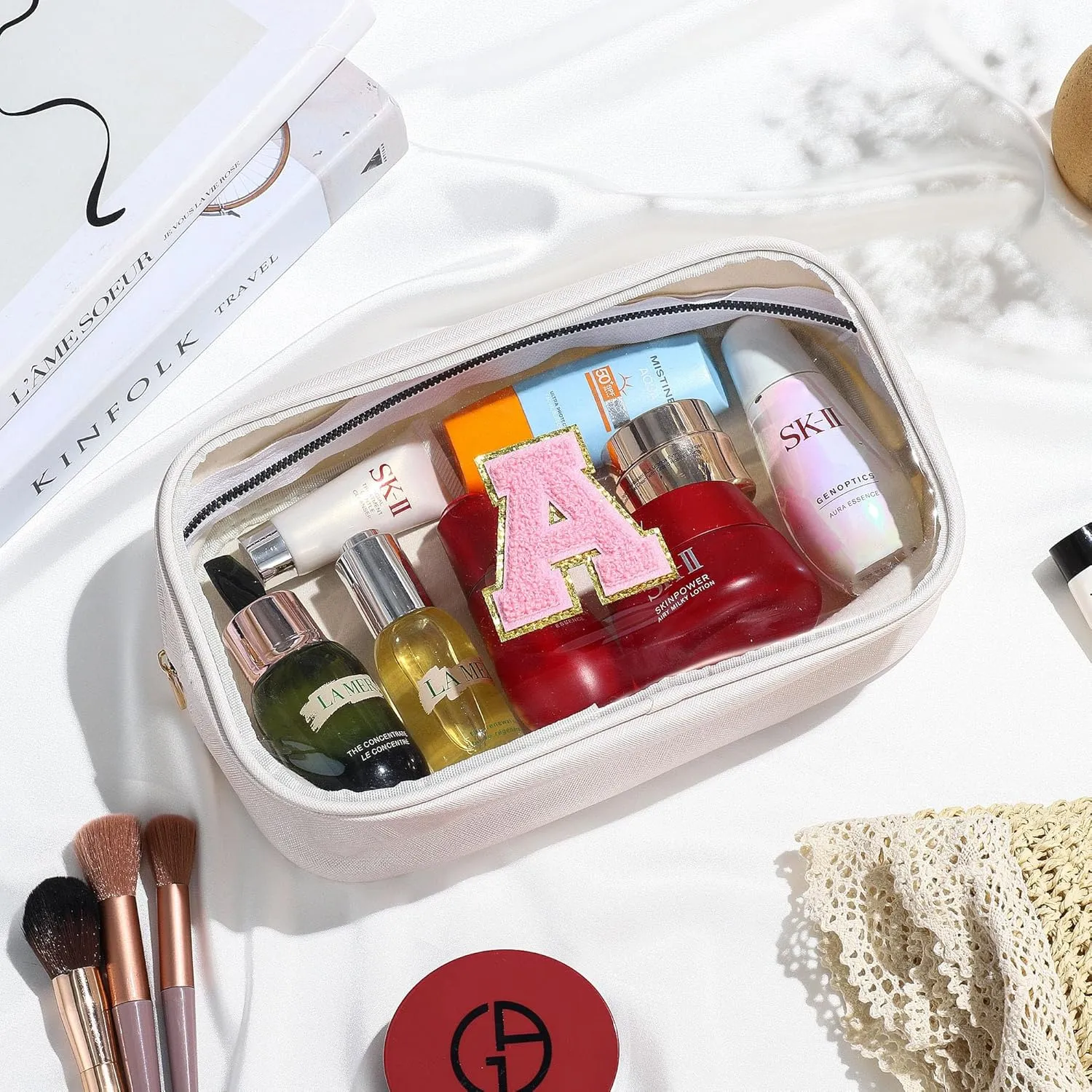 YOOLIFE Initial Make Up Bag Travel Toiletry Bag, Clear Makeup Bag Preppy Stuff Travel Essentials Pink Gifts for Women Teen Girlfriend Teacher Mom Birthday Birthday Gifts for Her Wife White A