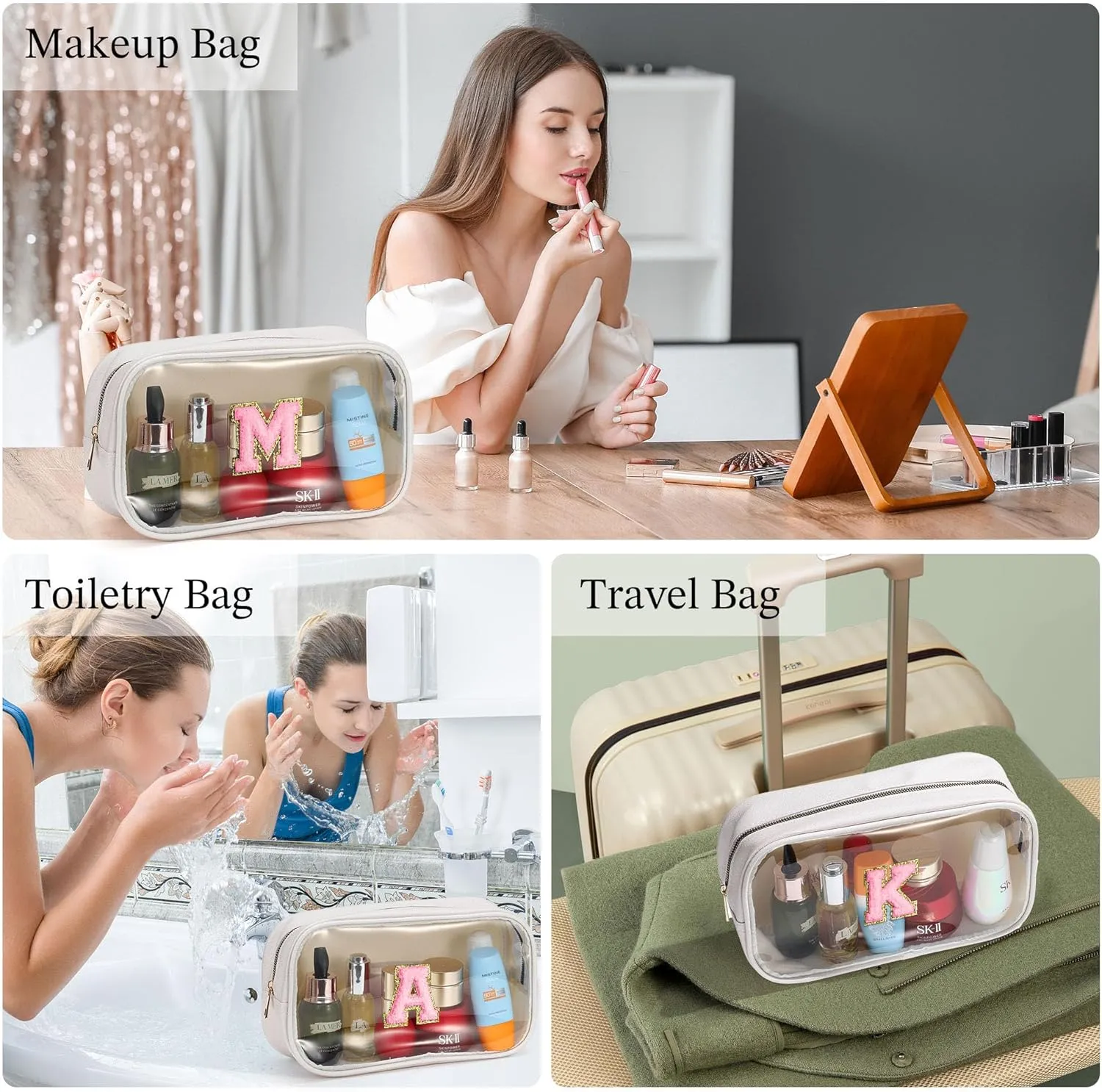 YOOLIFE Initial Make Up Bag Travel Toiletry Bag, Clear Makeup Bag Preppy Stuff Travel Essentials Pink Gifts for Women Teen Girlfriend Teacher Mom Birthday Birthday Gifts for Her Wife White A