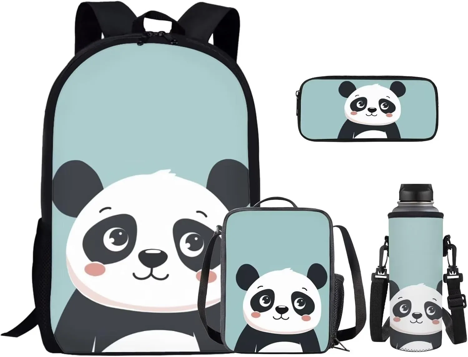 Ystardream Blue Panda Backpack with Lunch Box And Pencil Case,17 inch School Bags for Girls 7-10 Bookbag with Adjustable Straps,Lightweight,Large Capacity,Cute School Backpack for Kids