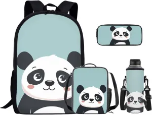 Ystardream Blue Panda Backpack with Lunch Box And Pencil Case,17 inch School Bags for Girls 7-10 Bookbag with Adjustable Straps,Lightweight,Large Capacity,Cute School Backpack for Kids