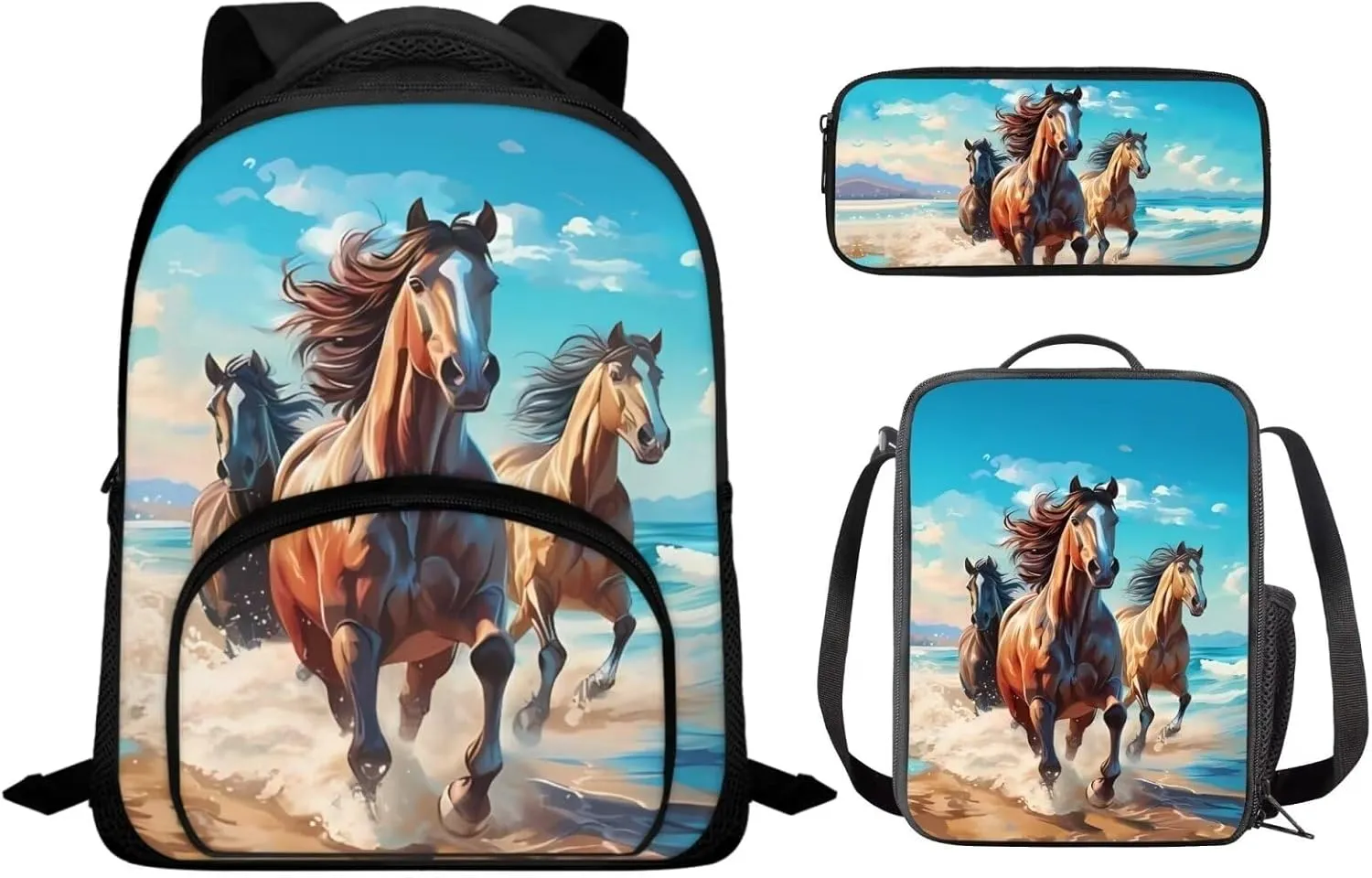 Ystardream Horse Backpack for Girls Bookbag for Girls with Lunch Box Toddler Girl Backpack School Bags Soft Cushion Shoulder Straps Rucksack Daypack 3 Piece Set School Bag School Supplies