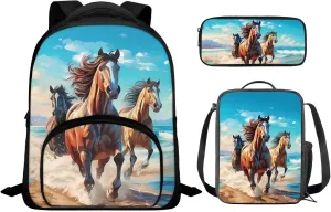 Ystardream Horse Backpack for Girls Bookbag for Girls with Lunch Box Toddler Girl Backpack School Bags Soft Cushion Shoulder Straps Rucksack Daypack 3 Piece Set School Bag School Supplies